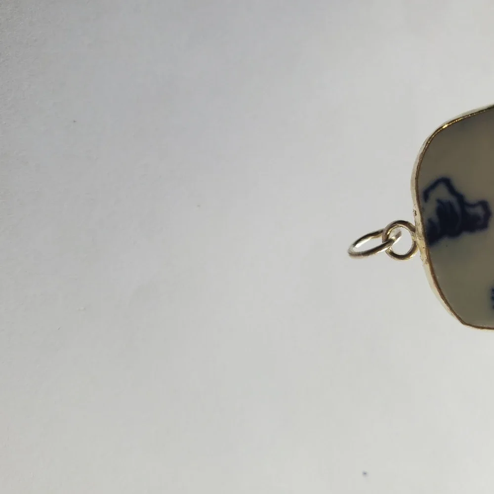 Vintage Blue & White Bonsai Tree Pottery Shard Pendant Chinoiserie Focal Jewelry
